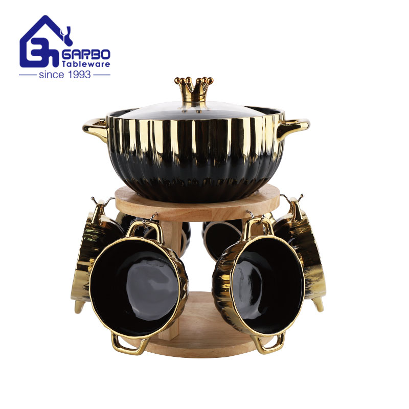 Black and gold cearmic dinner bowl set witg bamboo holder ion plating porcelain soup bowls