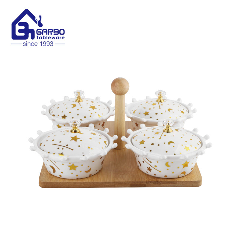 4PCS Set Porcelain Pots Set With Bamboo Tray  Nordic Metallic Star