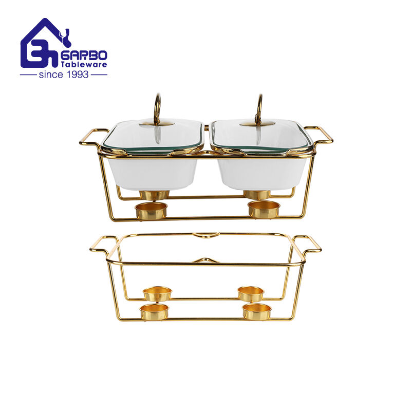 Wholesale rectangle shape 2pcs set baking dish with metal stand