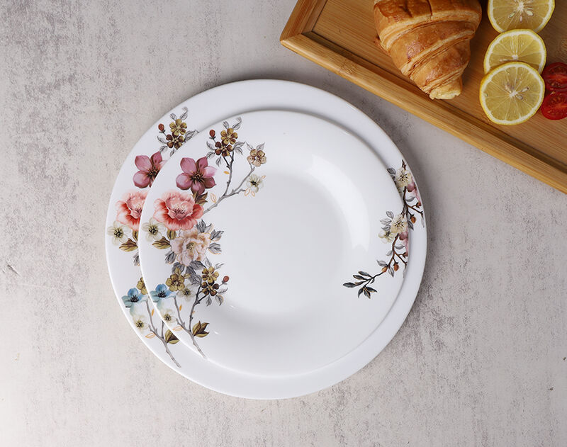 Wholesale home tableware opal plates set of 12 pieces with flower decor