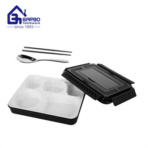 5 compartments PP food container with with 410 SS Chopsticks Spoon set for lunch