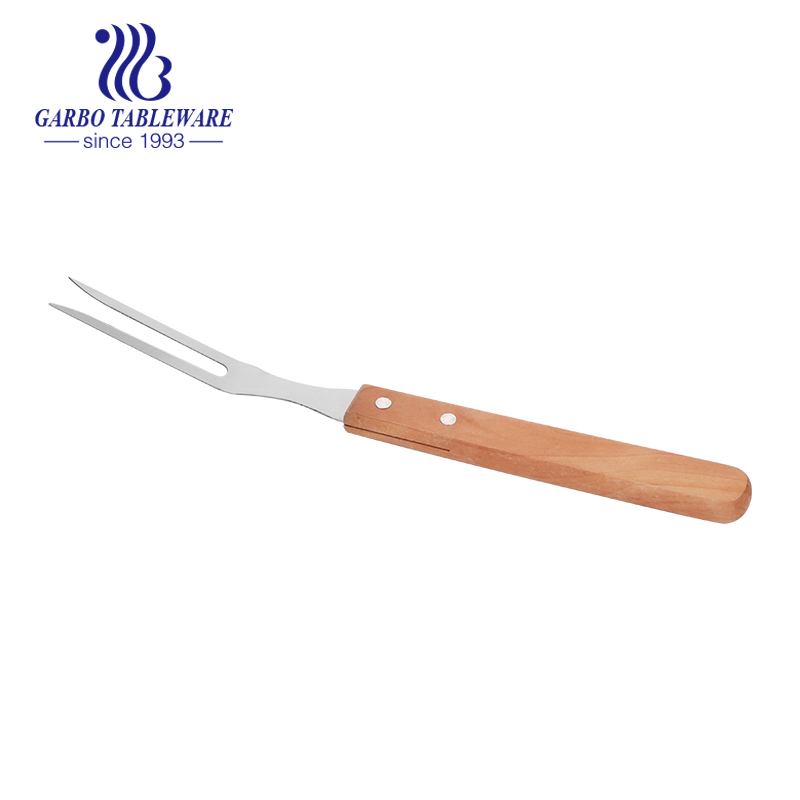 Stainless Steel Meat Fork Barbecue Fork Steak Fork with Comfortable Wooden Handle 