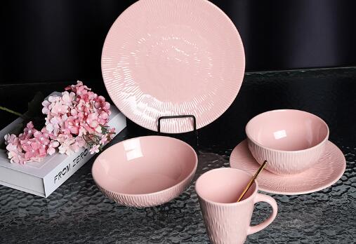 Pink Glazed Stoneware Dinner Set with Embossed Designs from Garbo International