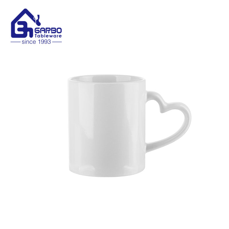 White Porcelain Mug with heart shaped handle  350ml Ceramic office tea office cup 