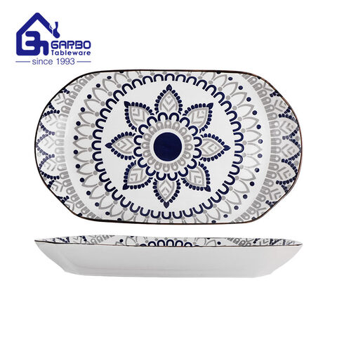 Round shape print ceramic plate flat food dish for kitchen wholesale