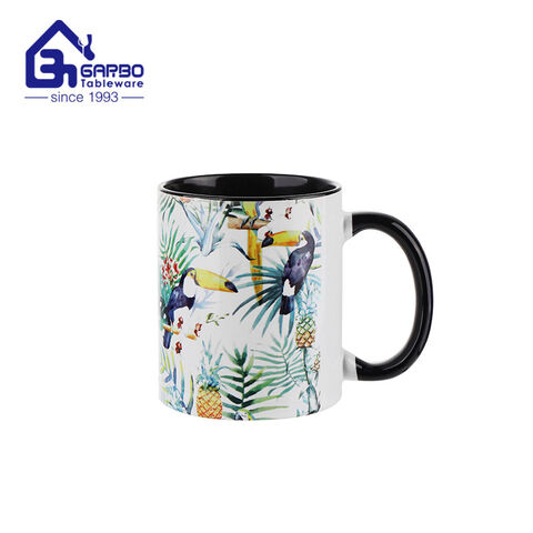 Restaurant supply 350ml vivid bird decal ceramic mug with black rim for tea coffee