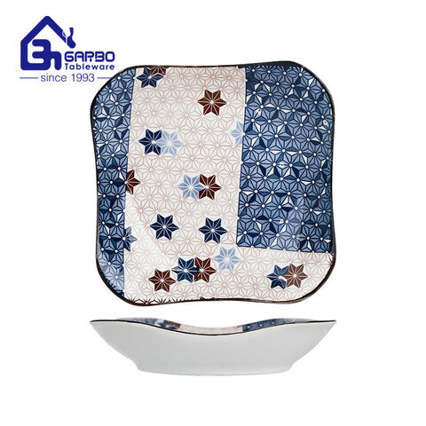 Square print porcelain plate deep food dish kitchen dinner plates set with bulk pack