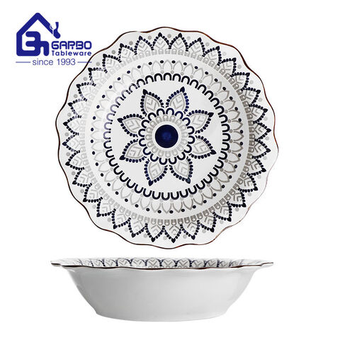 2200ml underglaze color decorated ceramic big bowl with flower edge