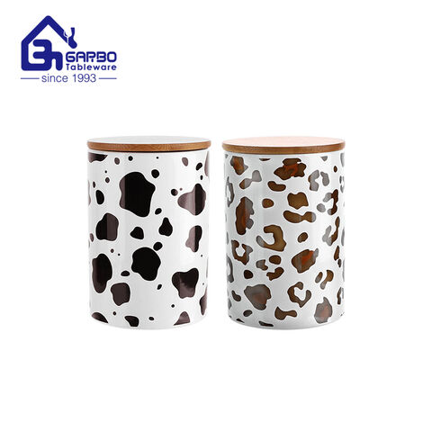 Large Size 1450ml Cylinder Shaped Porcelain Canister Printed Ceramic jar with bamboo lid 