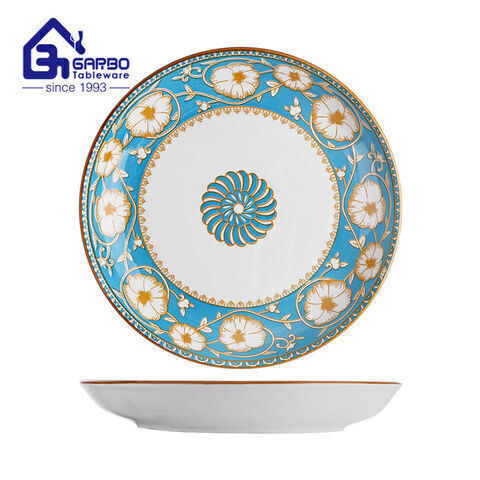 10 inch blue printing porcelain food plate supplier in China