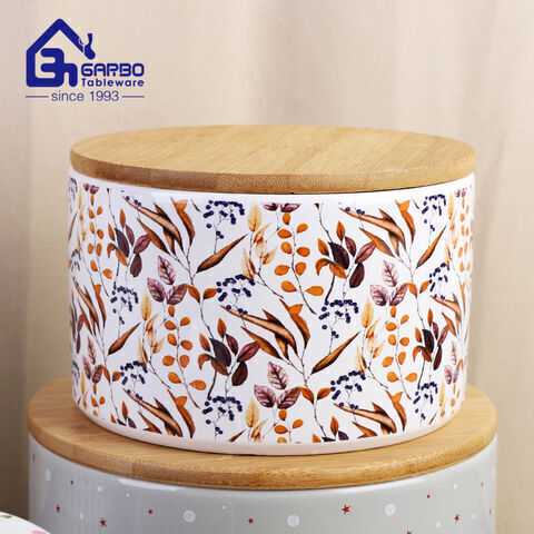 Round short decal print ceramic storage jar with bamboo lid porcelain  food jars set