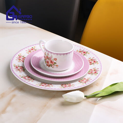 24 pieces ceramic dinner set rice bowl and plate coffee mug with pink flower decal