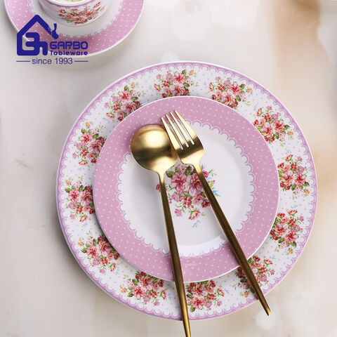 24 pieces ceramic dinner set rice bowl and plate coffee mug with pink flower decal