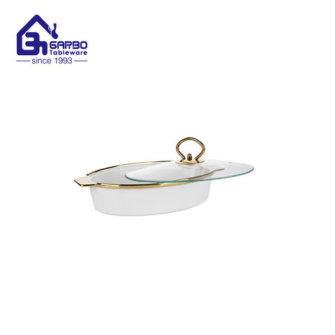 260mm oval shaped porcelain casseroles golden ceramic bowl set with handle