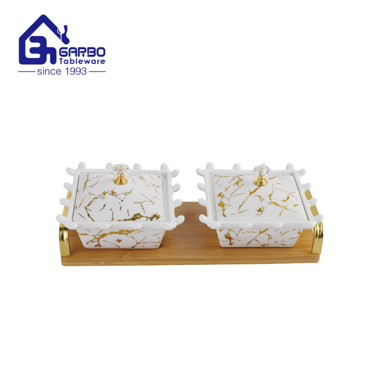 4PCS set electroplating square shape porcelain casserole with iron holder