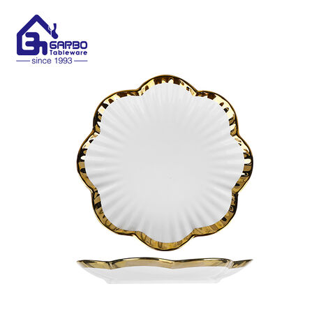 High-end Flower Shape Ceramic Plate with Golden Ionplating Rim For Home and Hotel