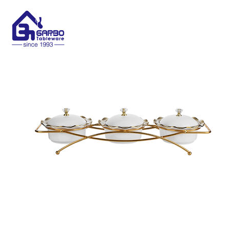 High Quality 3PCS Reinforced Porcelain Bowls Set with Golden Iron Frame