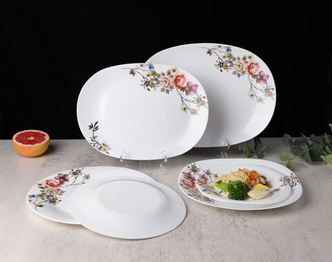 China factory white opal glassware dinner flat plate 9.5inch with flower decor for tableware