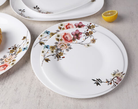 China factory white opal glassware dinner flat plate 9.5inch with flower decor for tableware