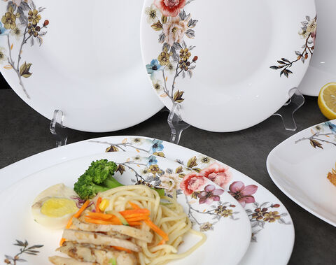 China factory white opal glassware dinner flat plate 9.5inch with flower decor for tableware