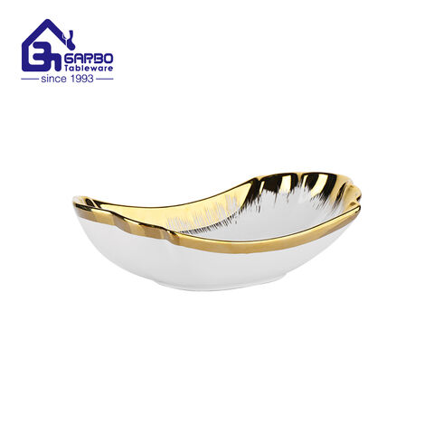 10.04-inch gold plating porcelain bowl with boat shape for decoration