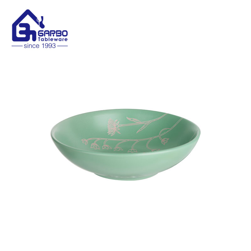 8 inch dessert plate green color glazed stoneware plate with metal color rim factory from China