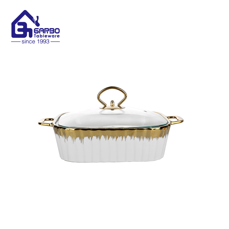 1300ml rectangle porcelain baking tray with gold decoration and glass lid