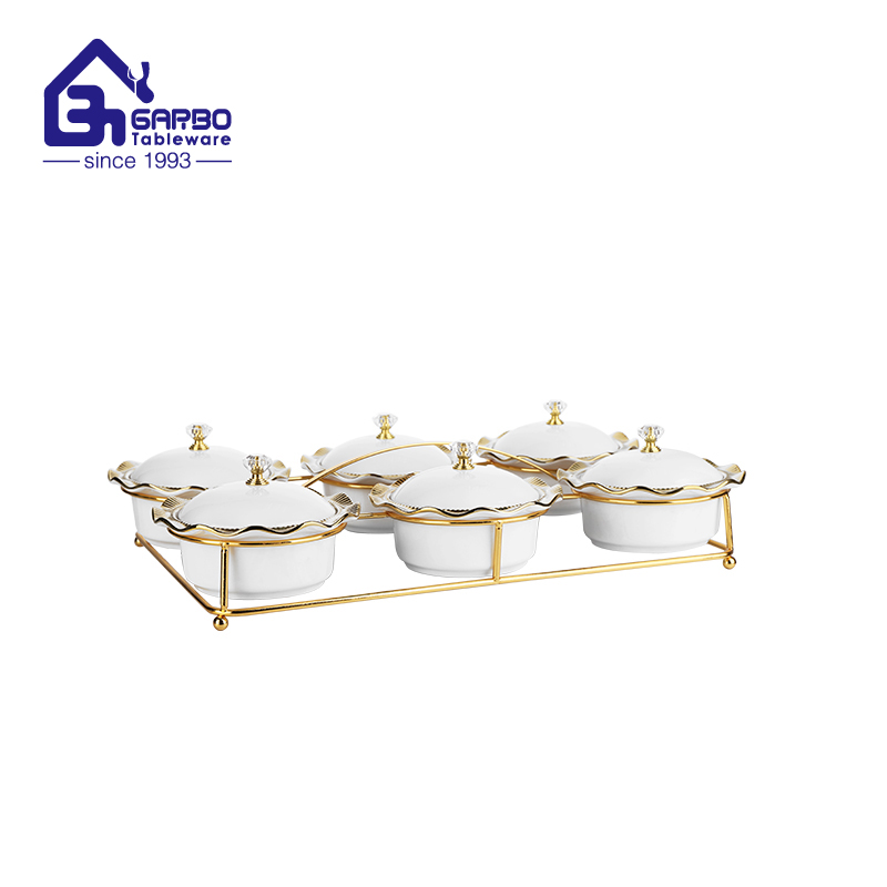 6PCS set electroplating porcelain casserole with iron holder for sale