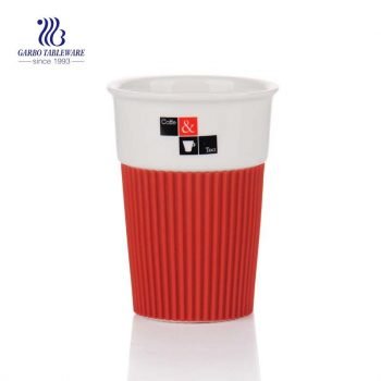 380 ml porcelian china keep cup for coffee and tea  with red silicone sleeve