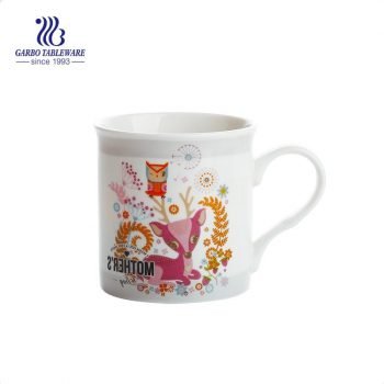 High quality white ceramic 310ml animal decal design ceramic tea mug with handle