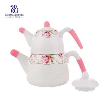 2pcs white ceramic hotel usage personlized decal color box ceramic tea pot set