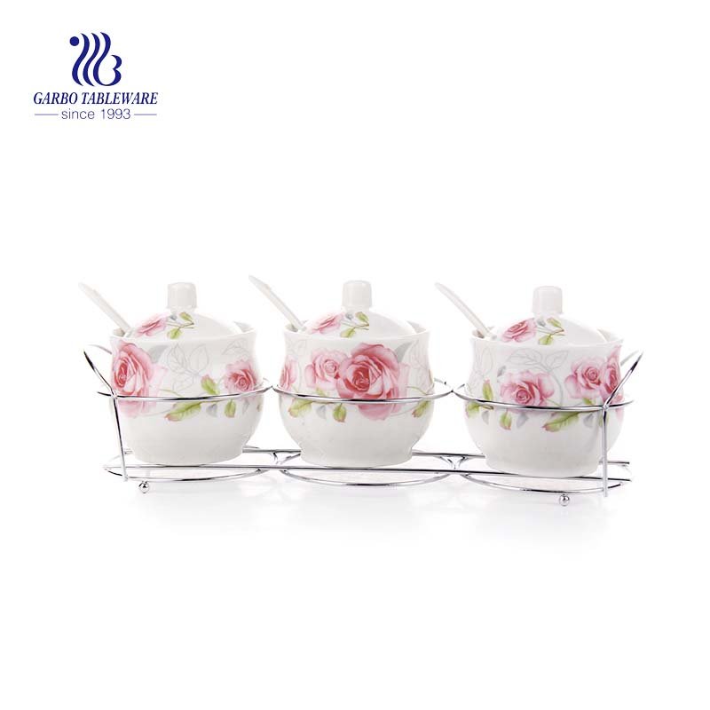 Pink White Ceramic Condiment Pots Spice Jars Sets of 3 Seasoning Box Set with Lid Spoon