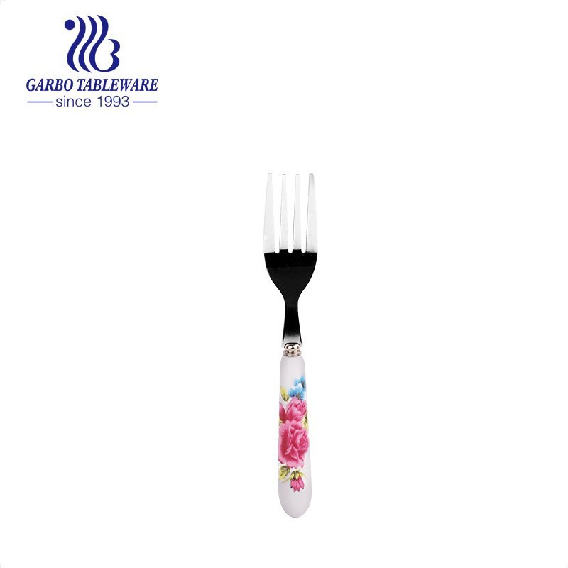 Custom stainless steel ice cream fork with flower design ceramic handle tableware