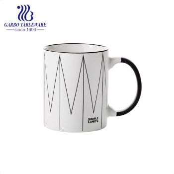 Simple Ins porcelain ceramic mug custom printing lines design drinking cup with black handle