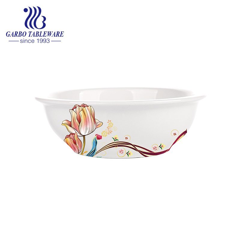 Wholesale round shape big size soup bowl with flower decal for home usage