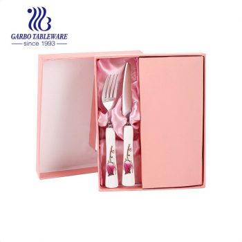 2PCS Mini Ceramic Cutlery Set with Fruit Fork factory and Fruit Knife Pink Gift Box Pack