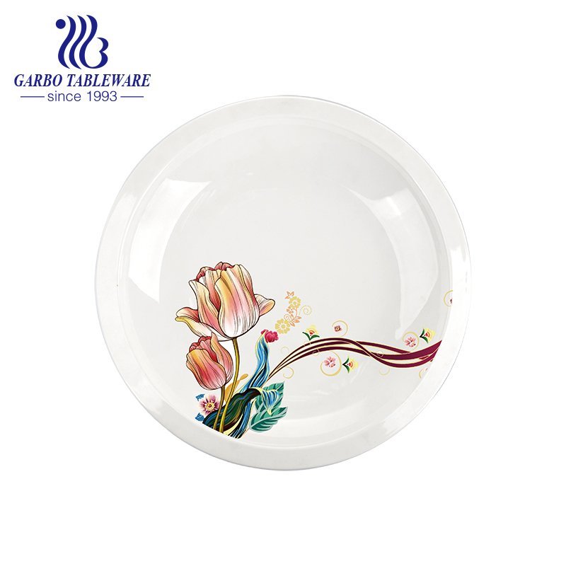 Factory cheap thick pure white elegant hotel ceramic dinner plate with flower decal