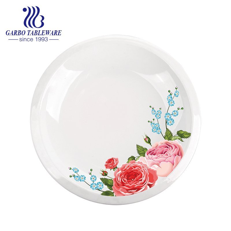 Factory cheap thick pure white elegant hotel ceramic dinner plate with flower decal