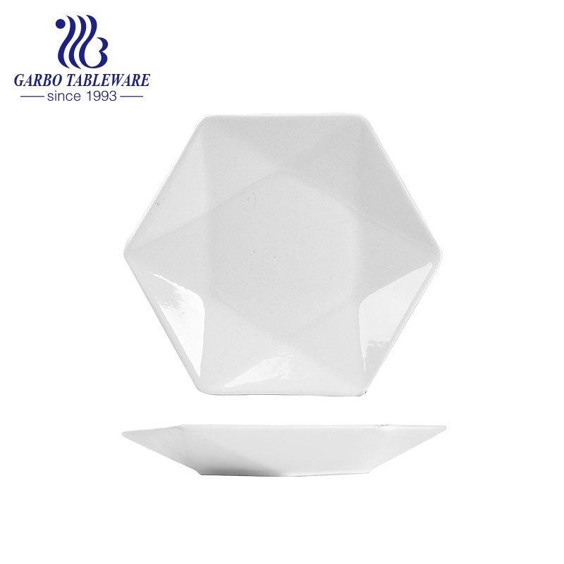 Factory cheap hotel restaurant serving tableware elegant white flat hexagon 10inch porcelain plate dish