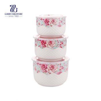 high quality 3pcs ceramic bowl set with lid for storage food