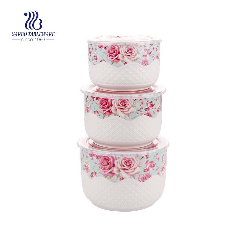 New bone china ceramic food container bowl with plastic lid for wholesale