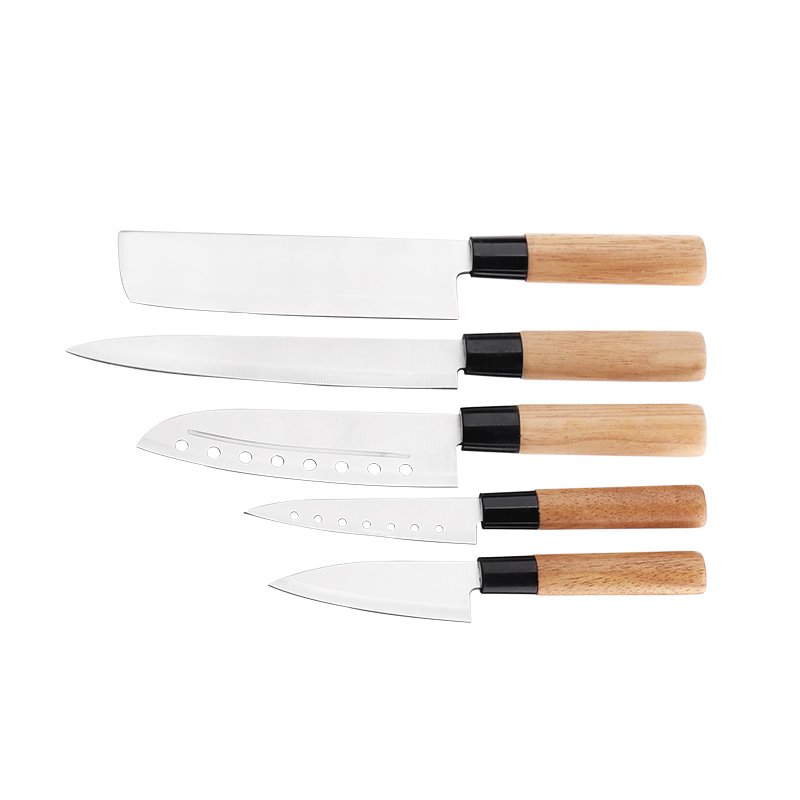 FOB 5PCS Mirror Polished Professional 420 Material Stainless Steel Kintchen Knife Set With Wooden Handle