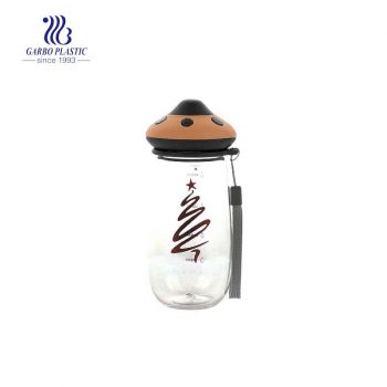 480ml children cute plastic water drinking outside bottle with mushroom shape silicone lid and portable strip