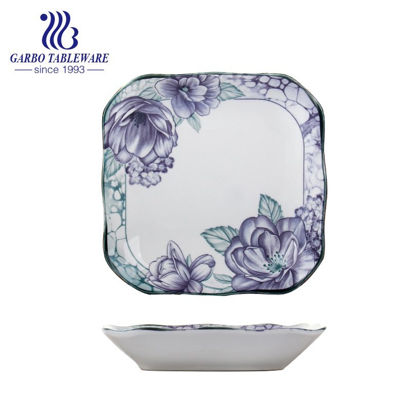 Wholesale custom unique design under glazed printing 8.5inch square porcelain serving plate