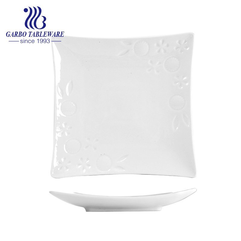 Wholesale embossed pattern elegant 9.6inch dish white square porcelain plate