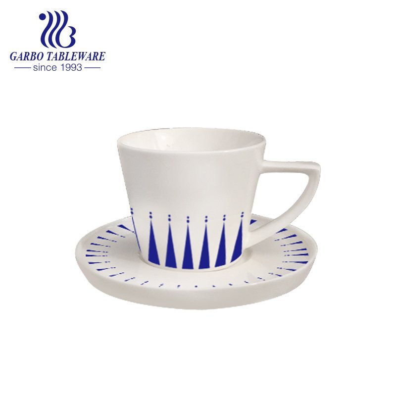 New bone china triangle handle cup and saucer set with decal design