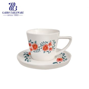 New bone china triangle handle cup and saucer set with decal design