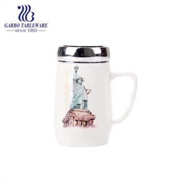 500ml Ceramic hot water drinking mug famous place printing deisgn pocelain cup with handle and meatal sealed lid portable bone china mug