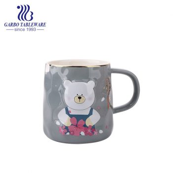 Cute bear printed design grey color ceramic mug porcelain children water cup with handle for gift bone china drink ware