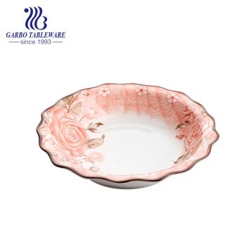 Underglaze color decorated ceramic big bowl with flower edge